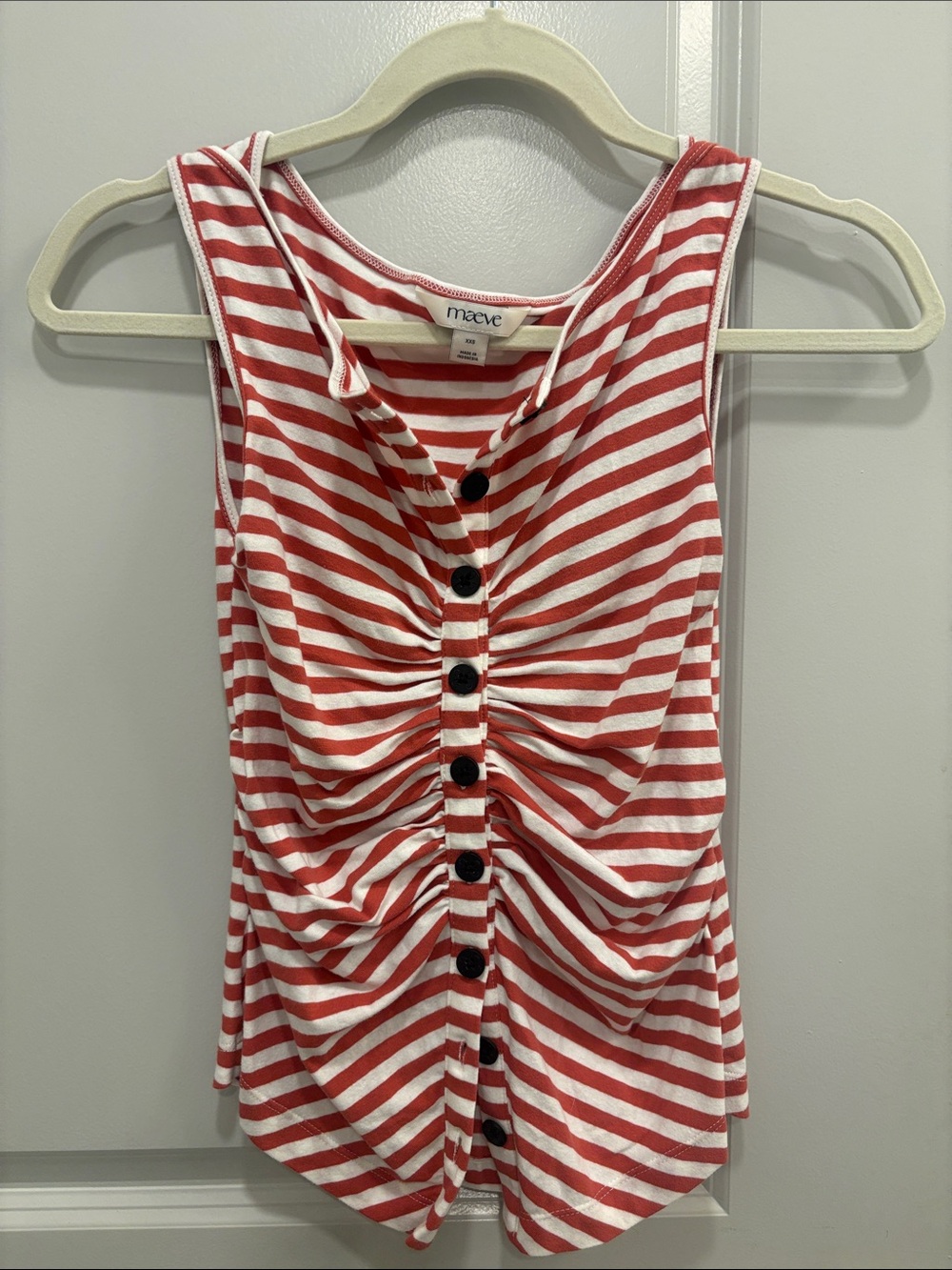 Maeve Red & White Striped Ruched Button-Front Tank